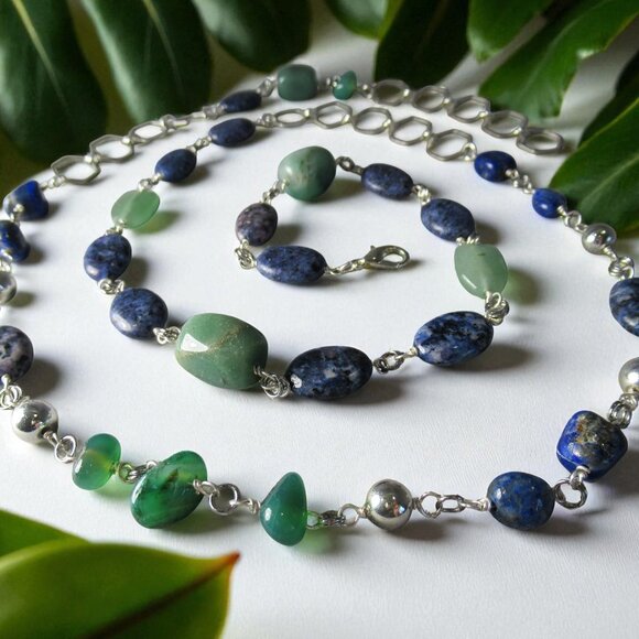 Sodalite, Jade and Iolite Double Wrap Necklace, Silver Chain - Picture 4 of 6